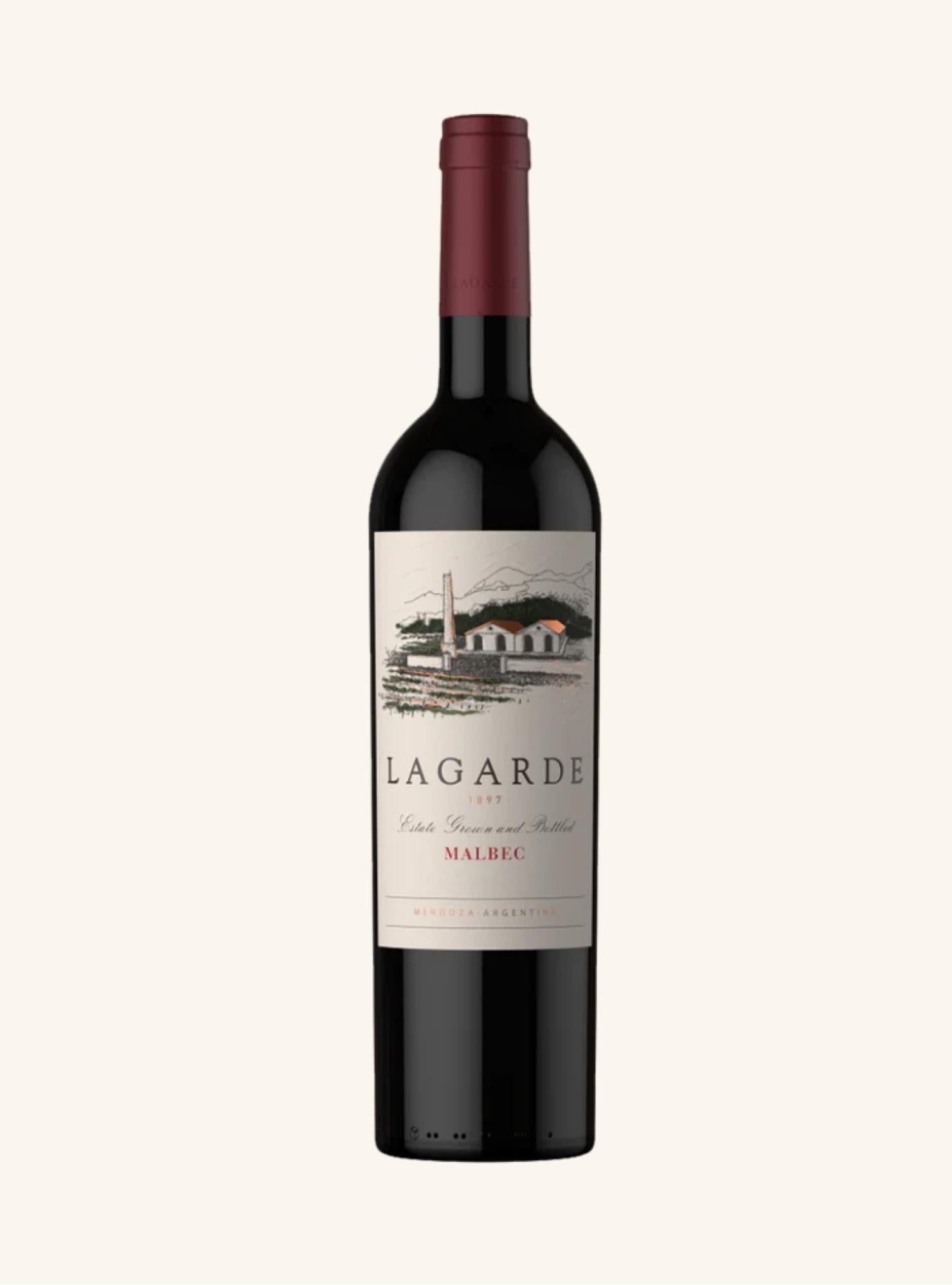 Red wine bottle with a white label branded lagarde malbec on a white background
