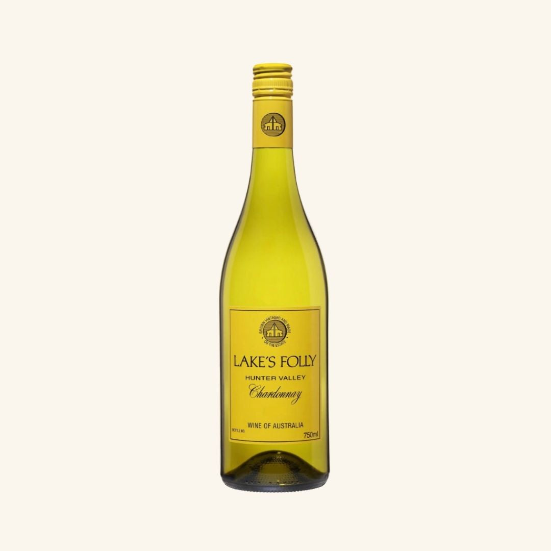 Bottle of Lake's Folly Chardonnay wine on a white background