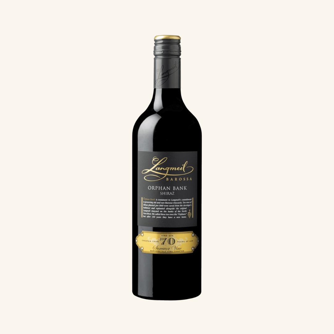 A bottle of Langmeil Orphan Bank Shiraz red wine with a label that includes the brand name, variety, and vintage information.