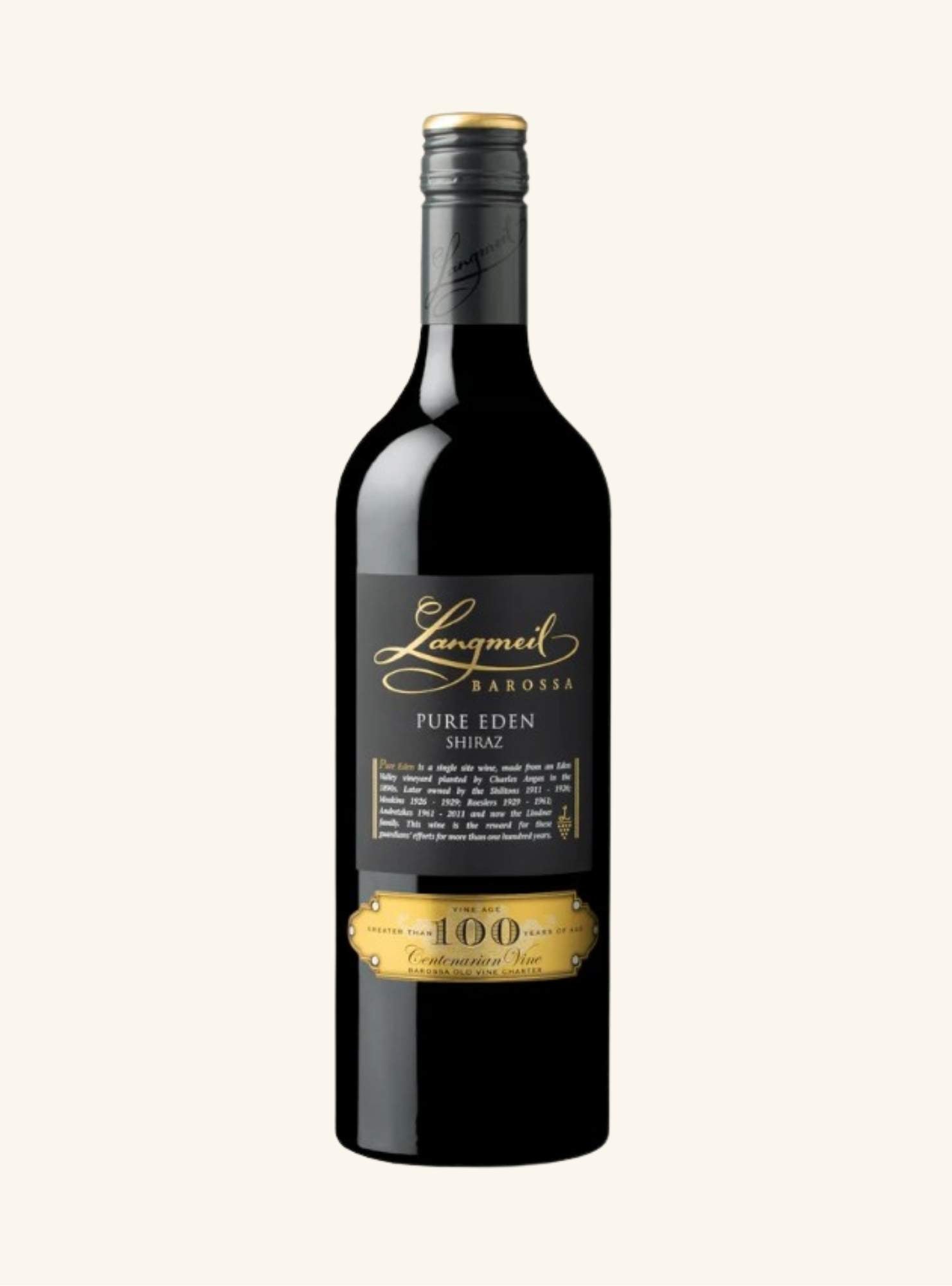 Wine bottle with a black label branded Langmeil Pure eden shiraz on a white background