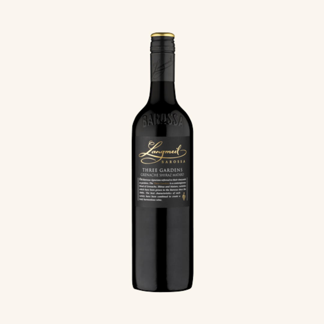 Bottle of Langmeil Three Gardens GSM red wine.
