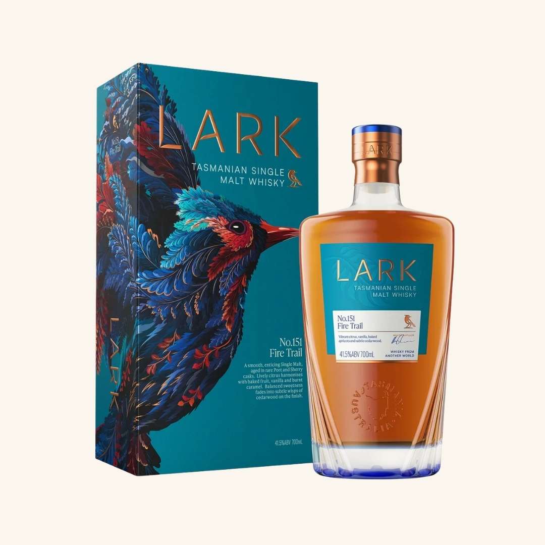 Lark Tasmanian single malt whisky bottle and box on a white background
