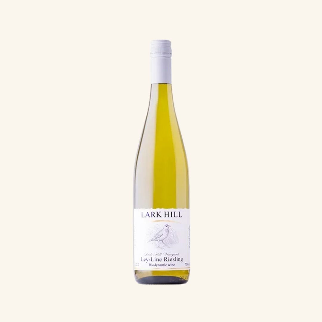 Wine bottle labeled 'Lark Hill leyline riesling' on a white background