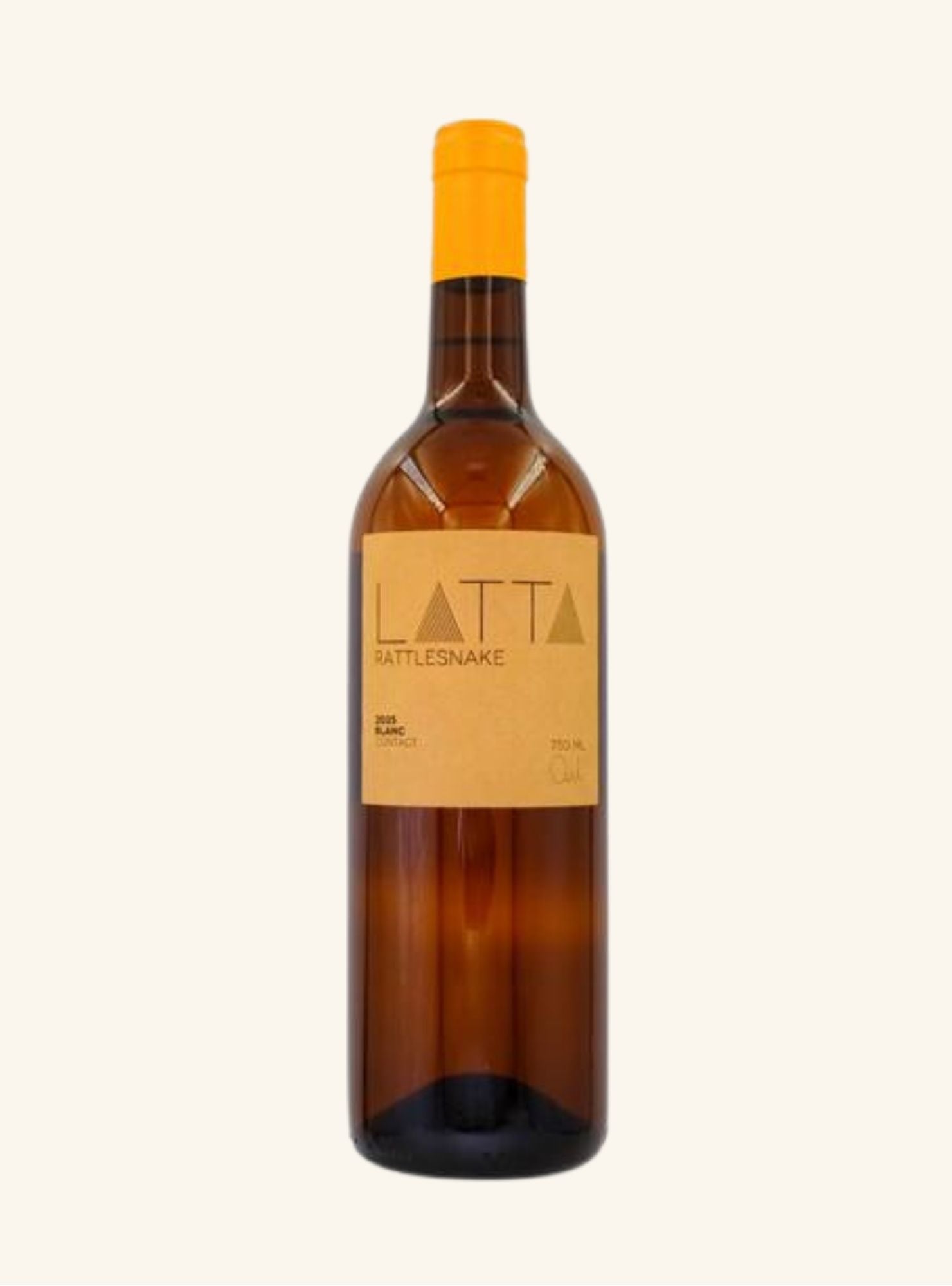 Brown wine bottle with a yellow label with Latta Rattlesnake on a white background
