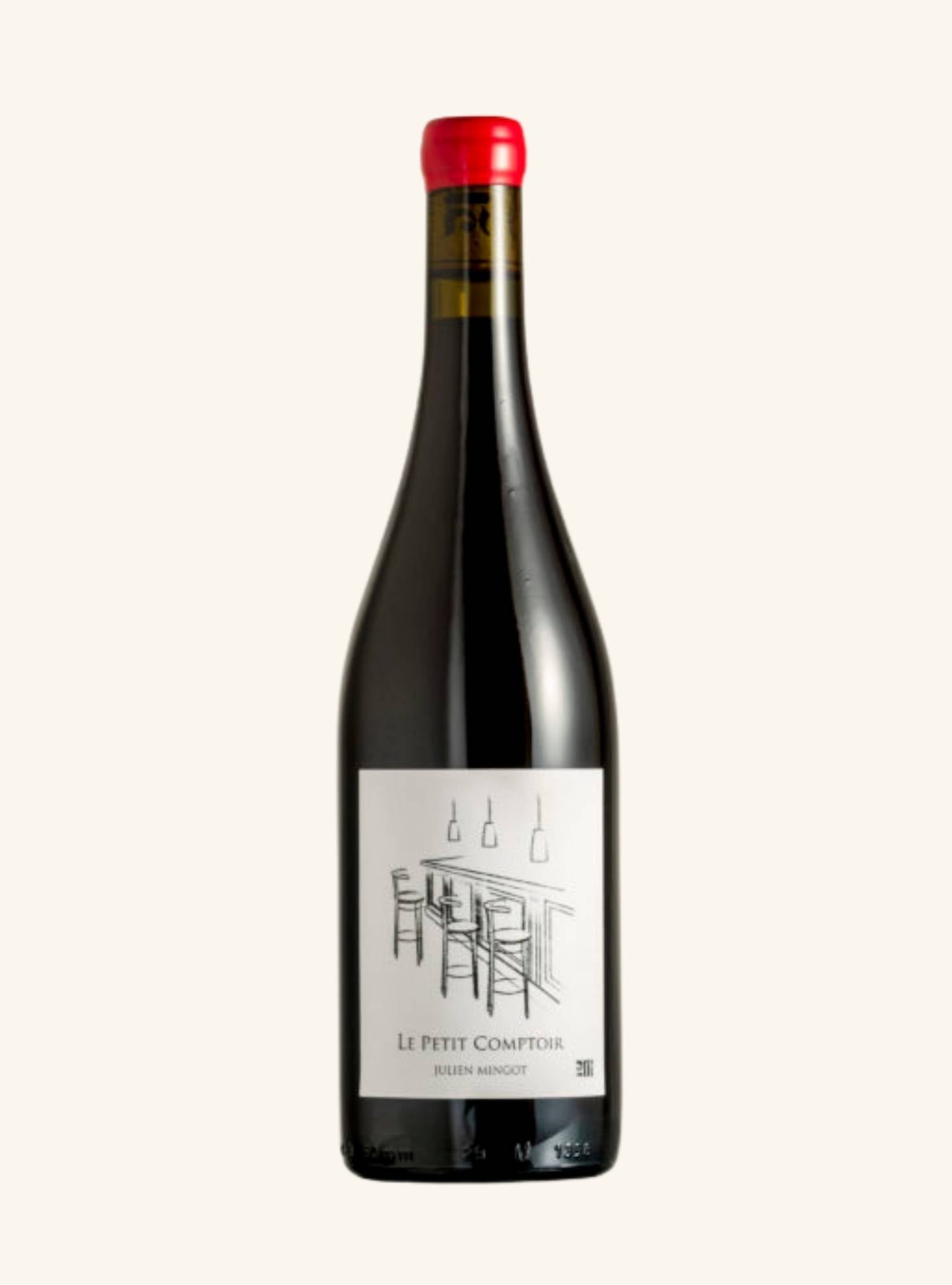 Wine bottle with a red cap and white label branded le petit comptoir on a white background