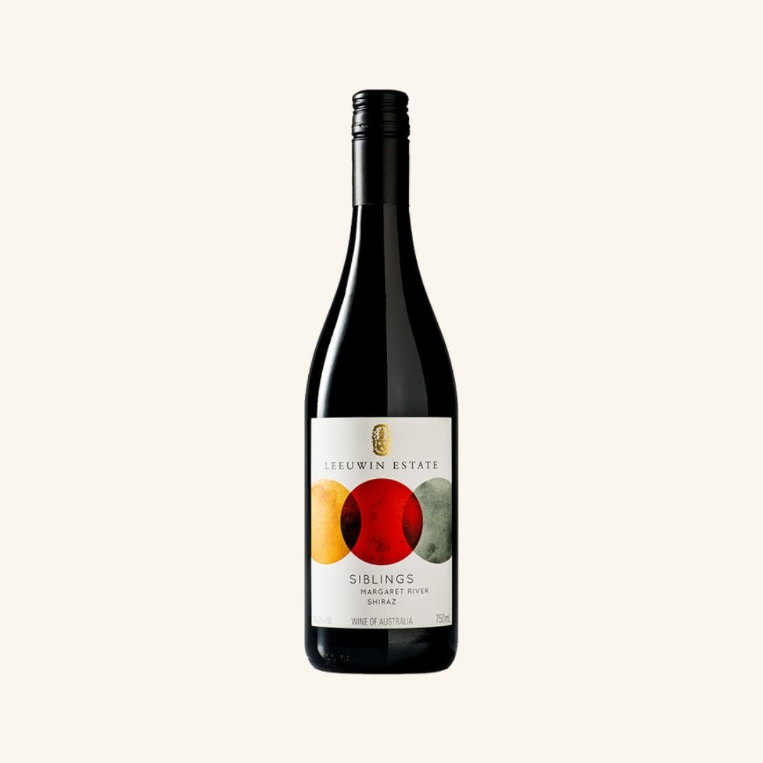 Wine bottle with a colourful label branded leeuwin estate sibllings shiraz on a white background