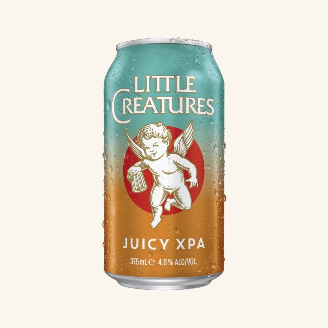 Little Creatures Juicy XPA beer can with gradient design on a white background