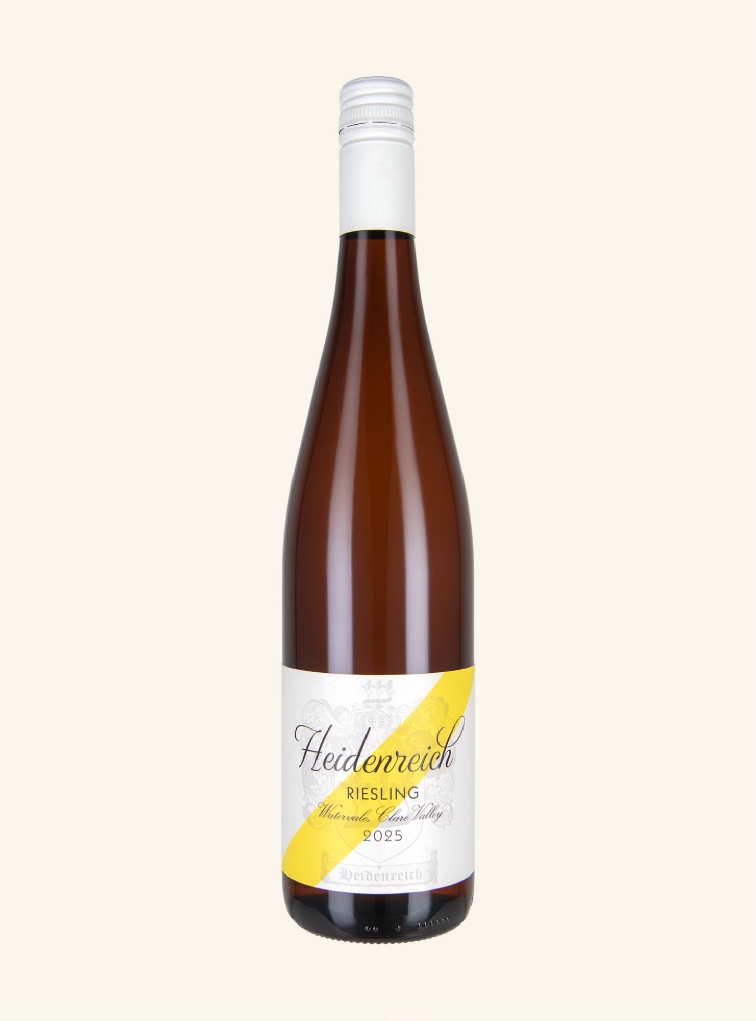 A bottle of Heidenreich Riesling Non-Alcoholic 2005 wine, featuring a dark brown glass bottle with a white and yellow label, set against a solid off-white background.