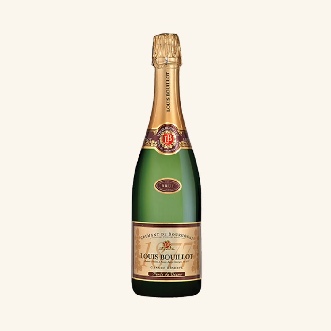bottle of louis bouillot grande reserve brut, with a gold label and capsule, on a white background.