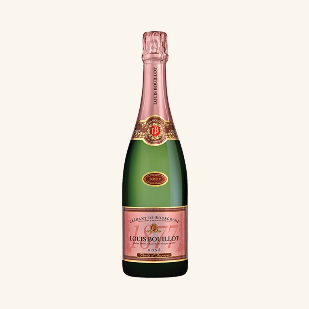 sparkling wine bottle branded louis bouillot Rose with a pink label, all on a white background.