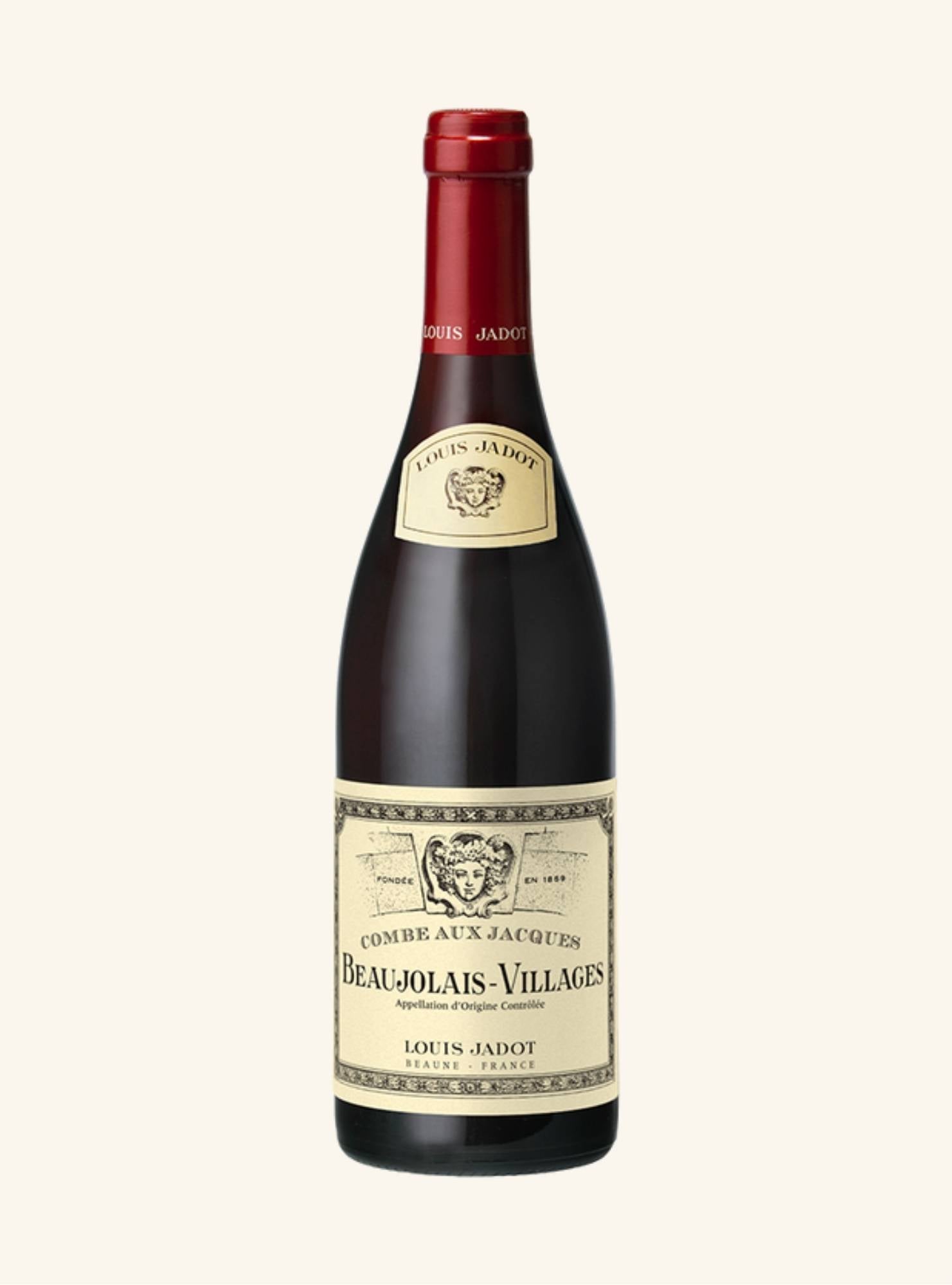 Wine bottle with a french style label with Louis Jadot beaujolais-village branding on a white background