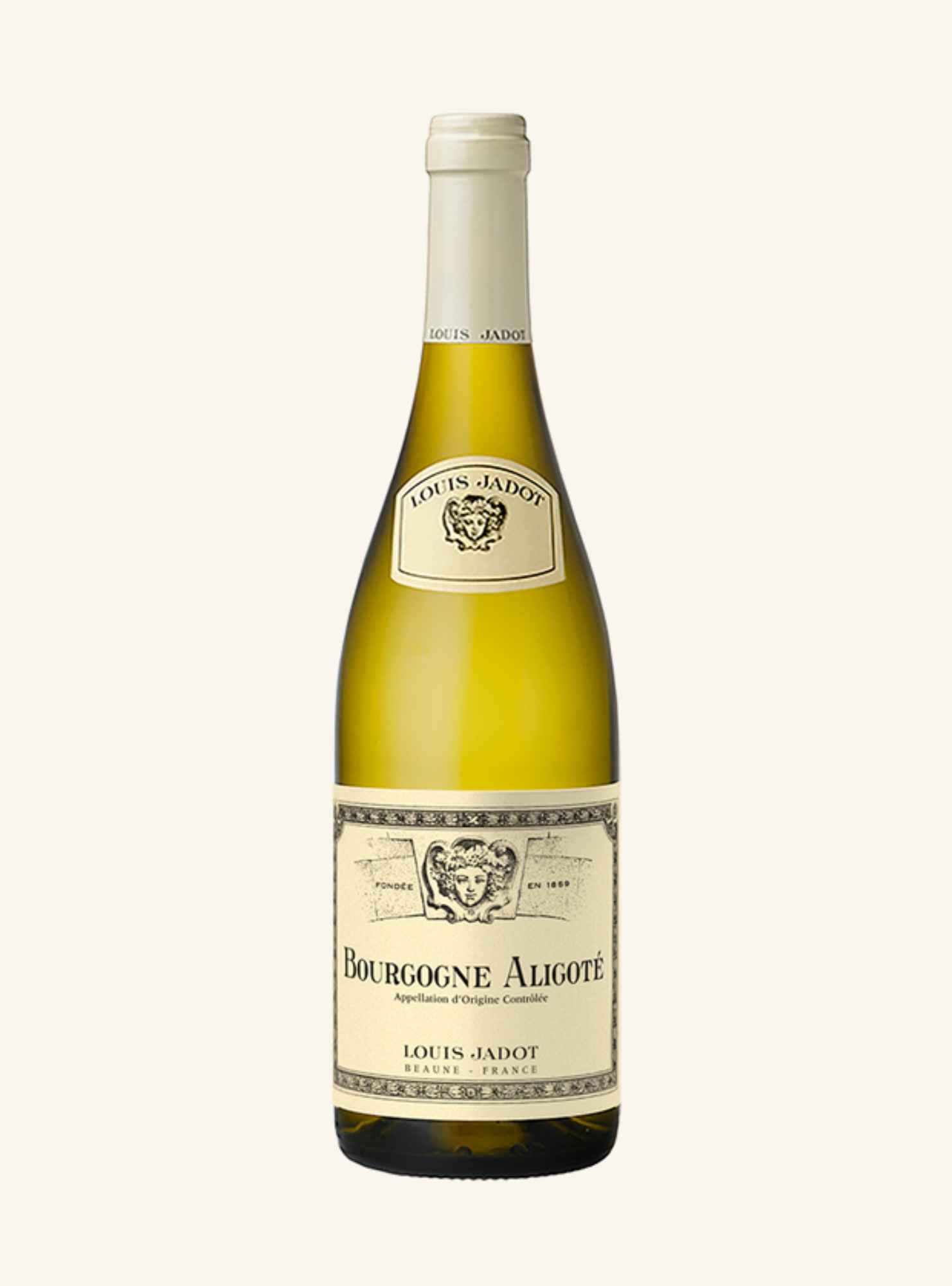 A bottle of Louis Jadot Bourgogne Aligote white wine, showing the green glass bottle and cream-colored labels, set against a solid off-white background.