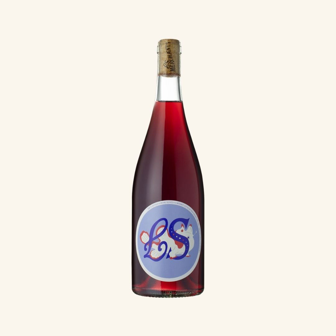 Bottle of red wine with a blue round label with a LS written, all on a white background