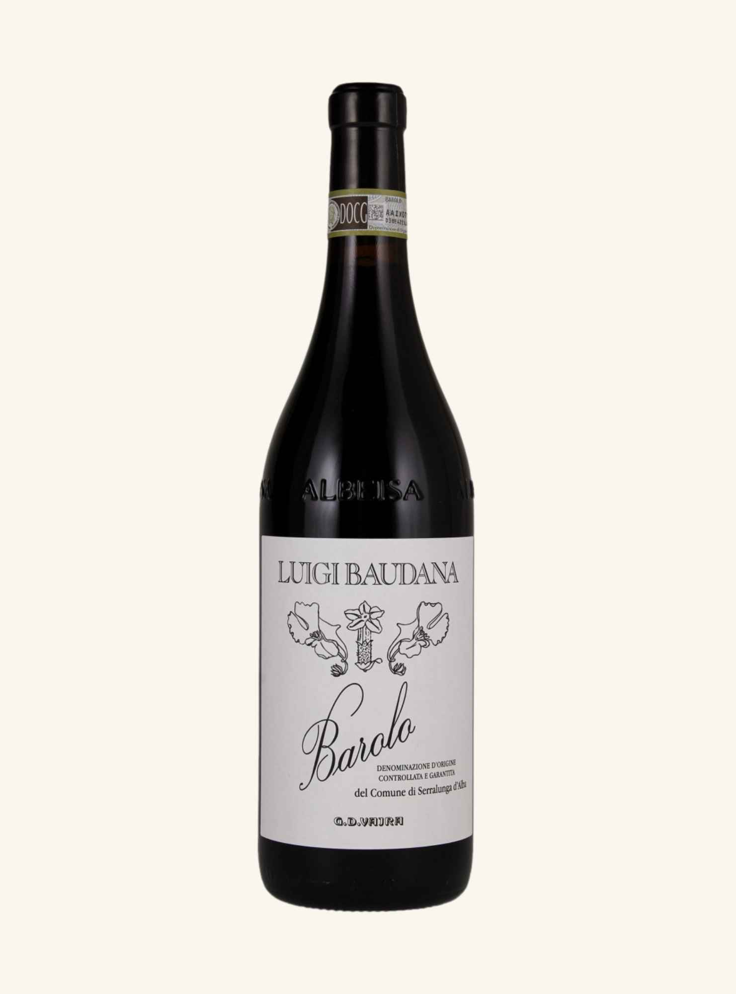 bottle of red wine with a white label branded luigi baudana barolo comme di serralunga d'alba, superimposed onto a white background.
