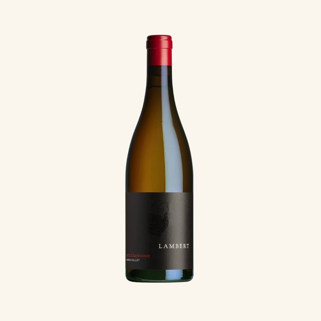 Wine bottle with a black label branded Lambert chardonnay yarra valley on a white background