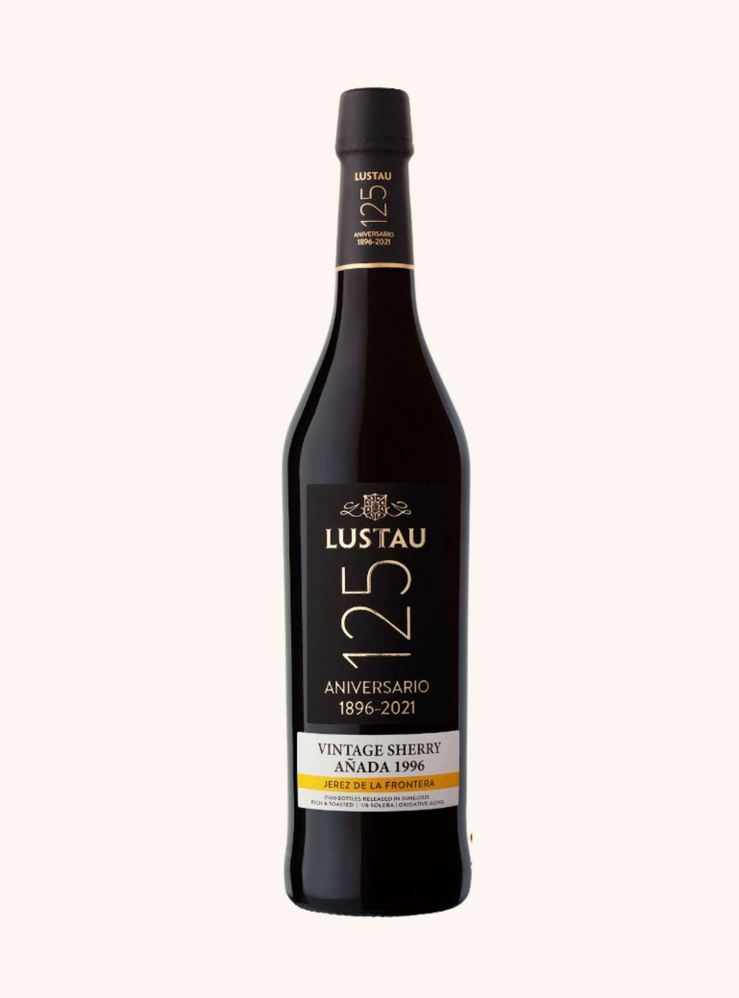 Lustau 125th Anniversary sherry bottle on a white background