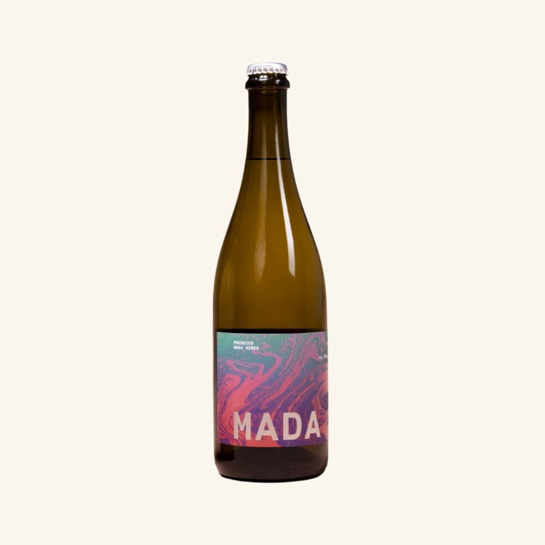 sparkling wine bottle with a crown seal branded Mada Prosecco on a white background.