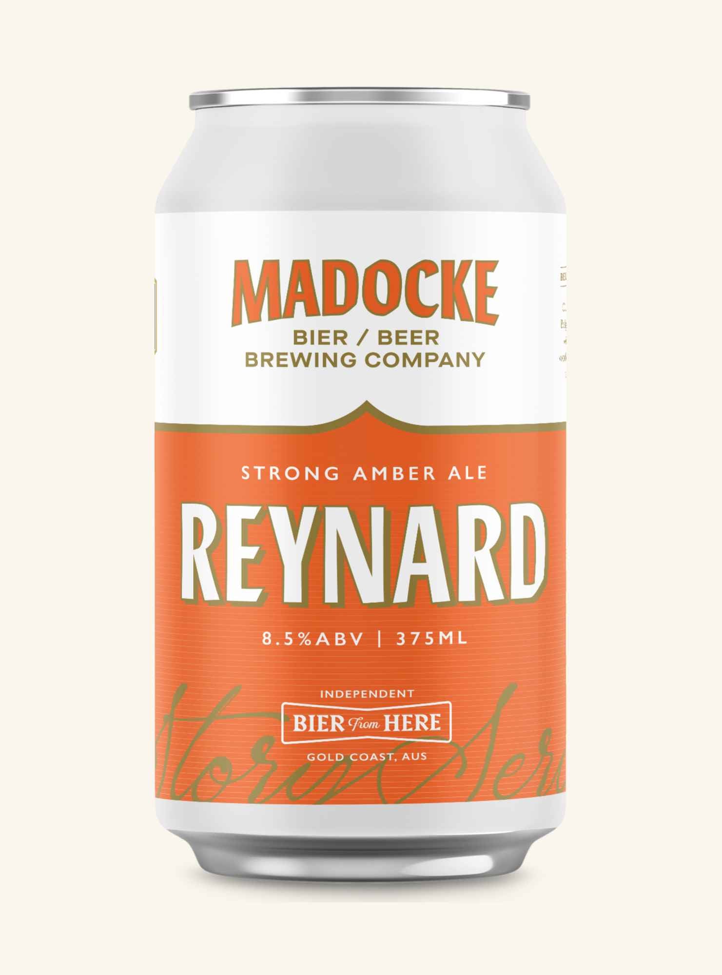A 375ml aluminum can of Madocke Brewing Company Reynard Strong Amber Ale, featuring a white top label and a vibrant orange lower label with bold white and green lettering, set against a solid cream background.