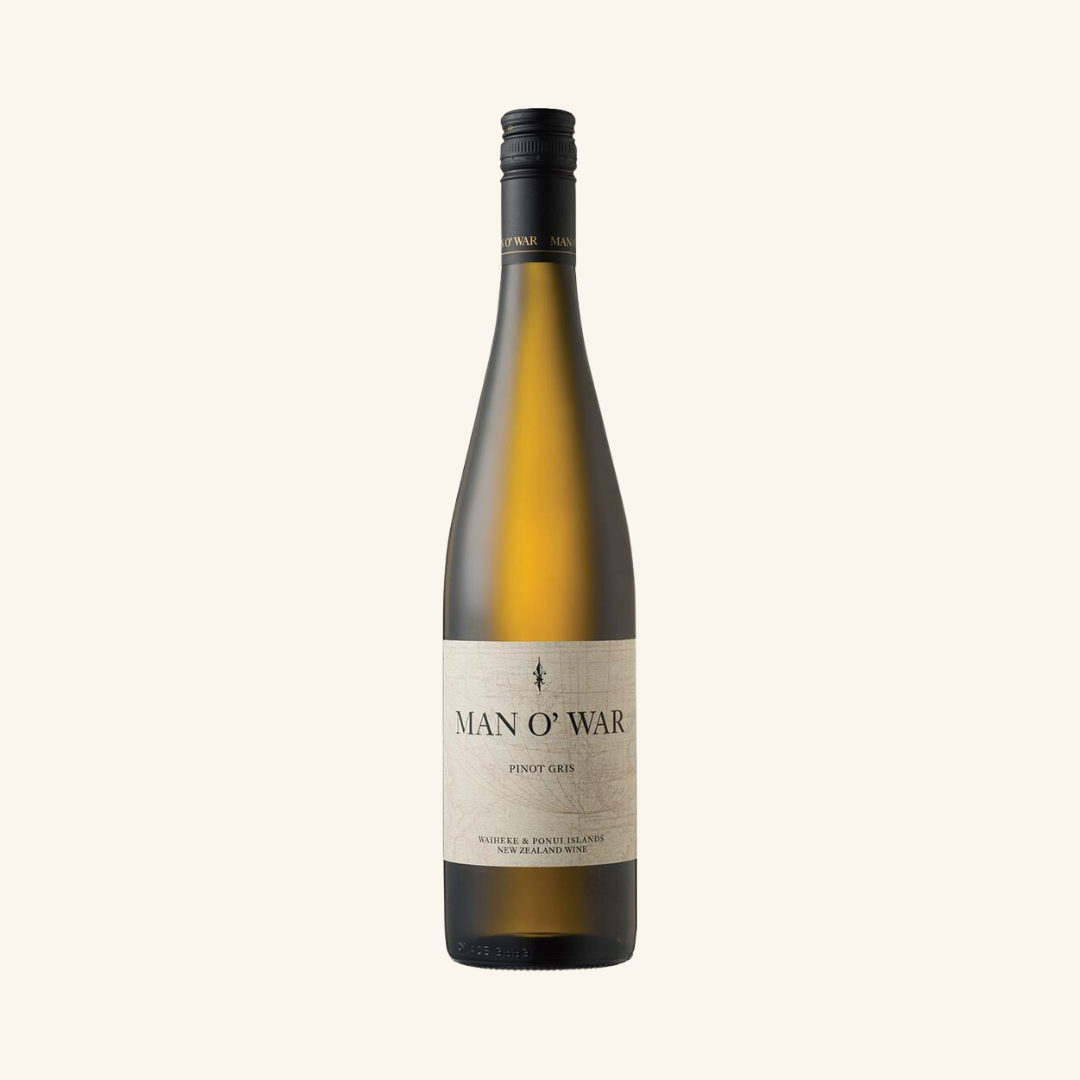 A bottle of Man O' War Exiled Pinot Gris wine with a white label on it, set against a plain background.