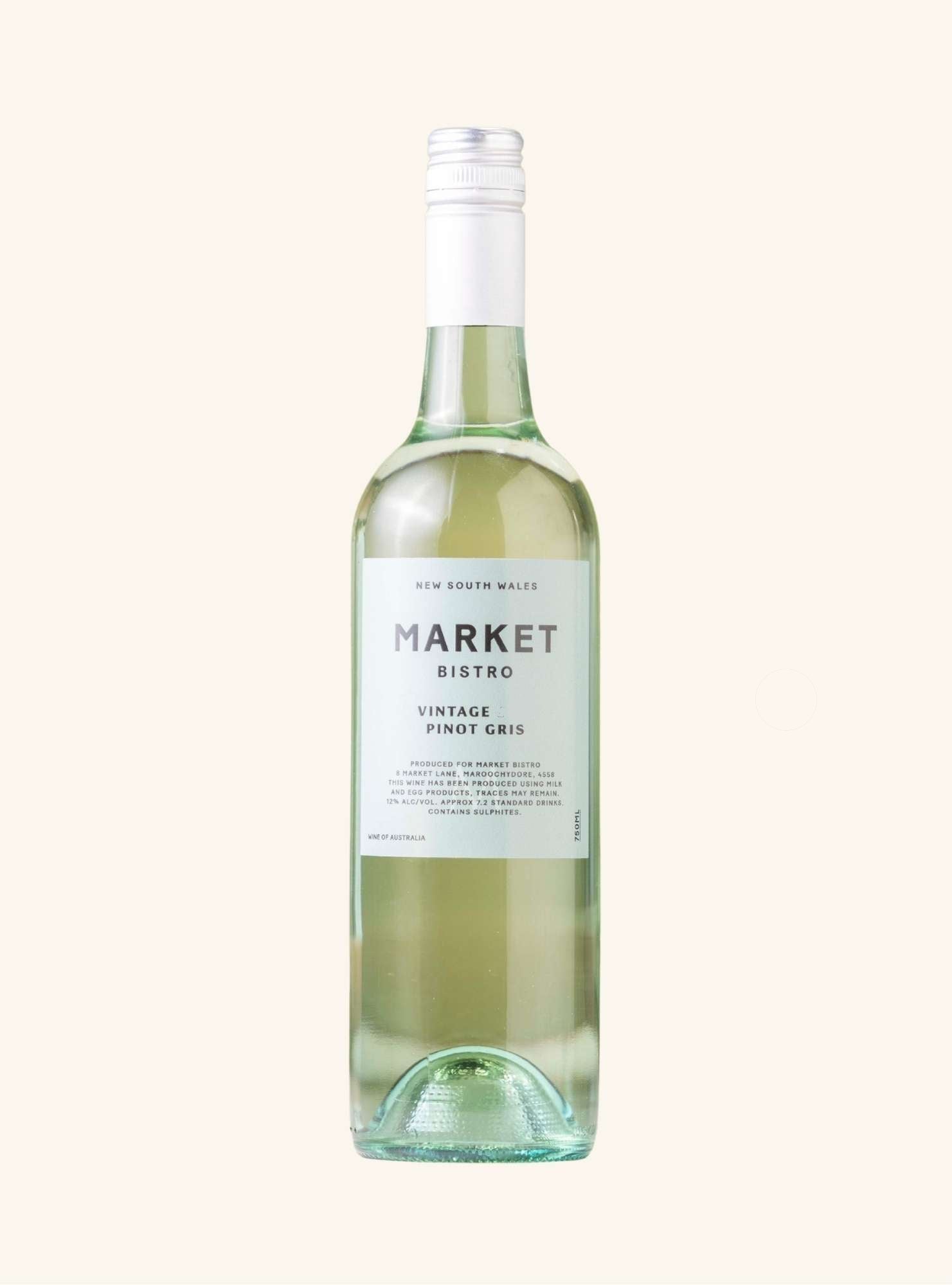 Bottle of Market Bistro Pinot Gris wine on a white background