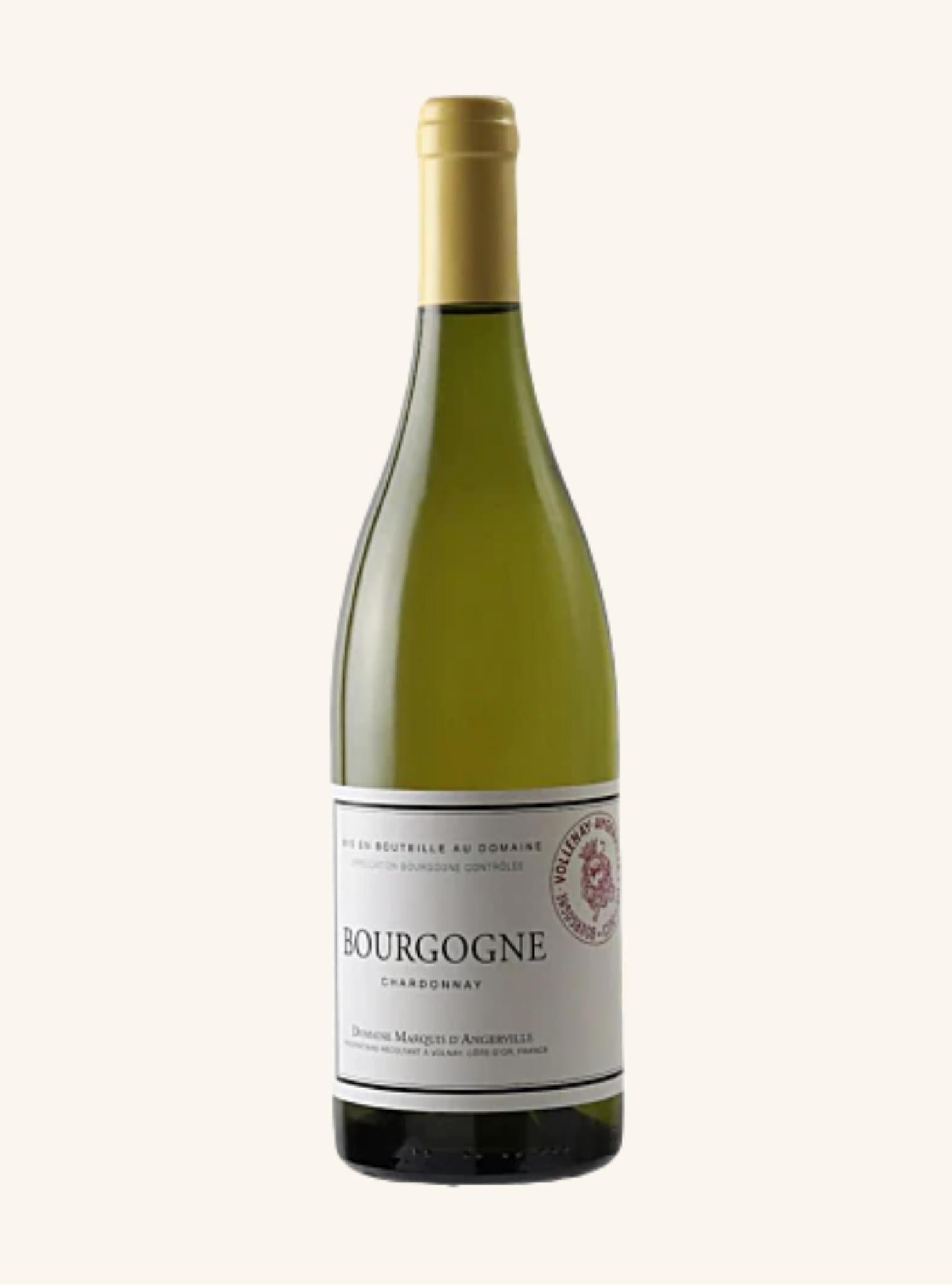 Bottle of Bourgogne Chardonnay by Marquis d'angerville wine on a white background