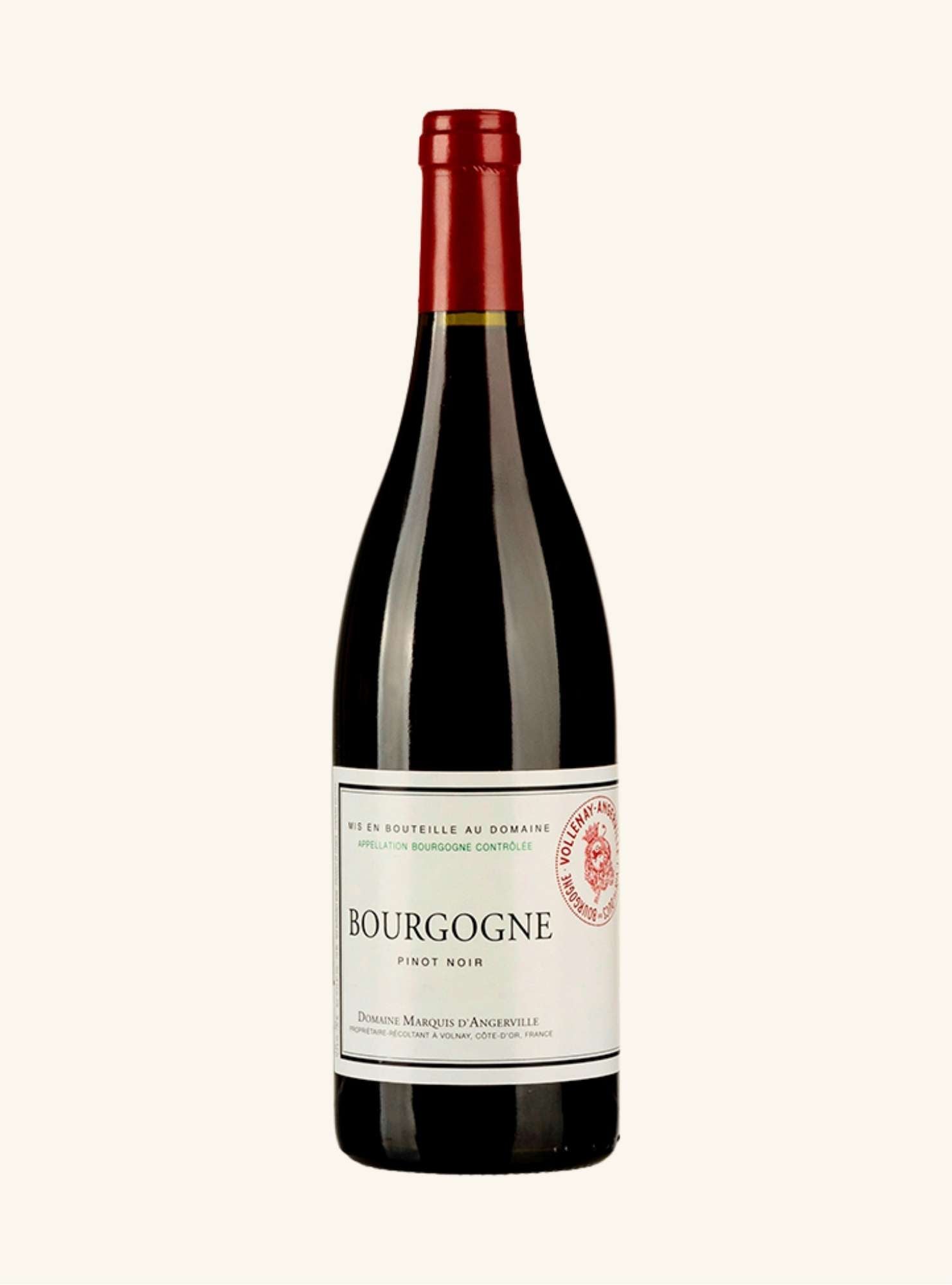 Bottle of Bourgogne red by marquis d'Angerville wine on a white background