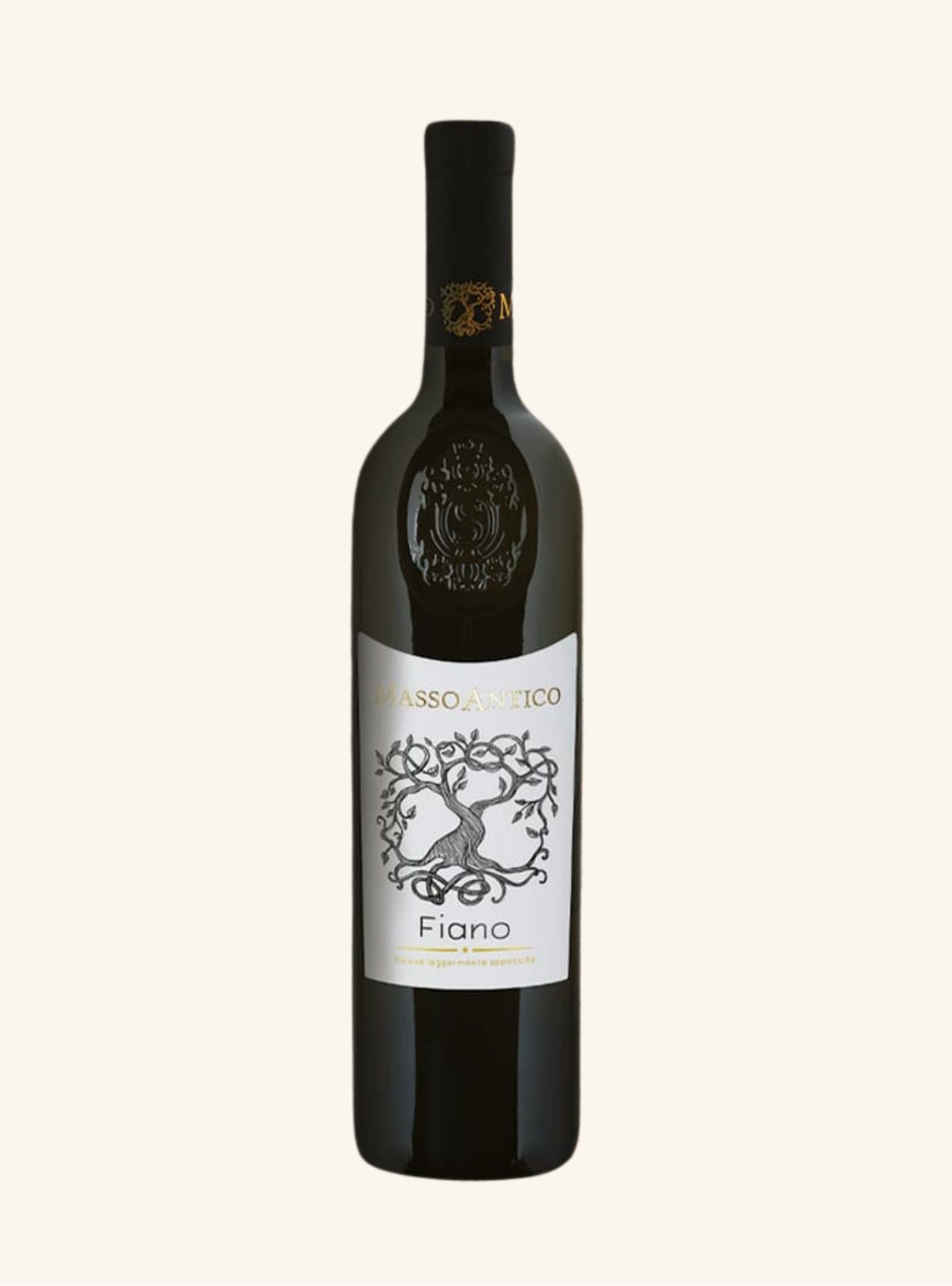 Wine bottle with a white label specifying Masso Antico Fiano on a white background