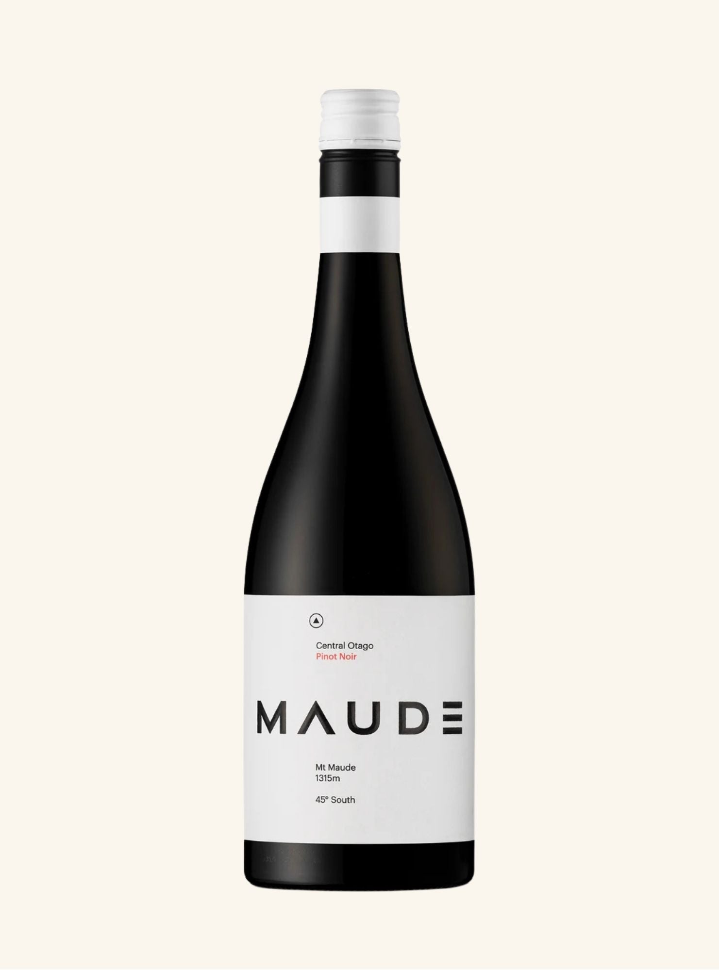 Wine bottle labeled 'Maude central otago pinot noir' on a white background