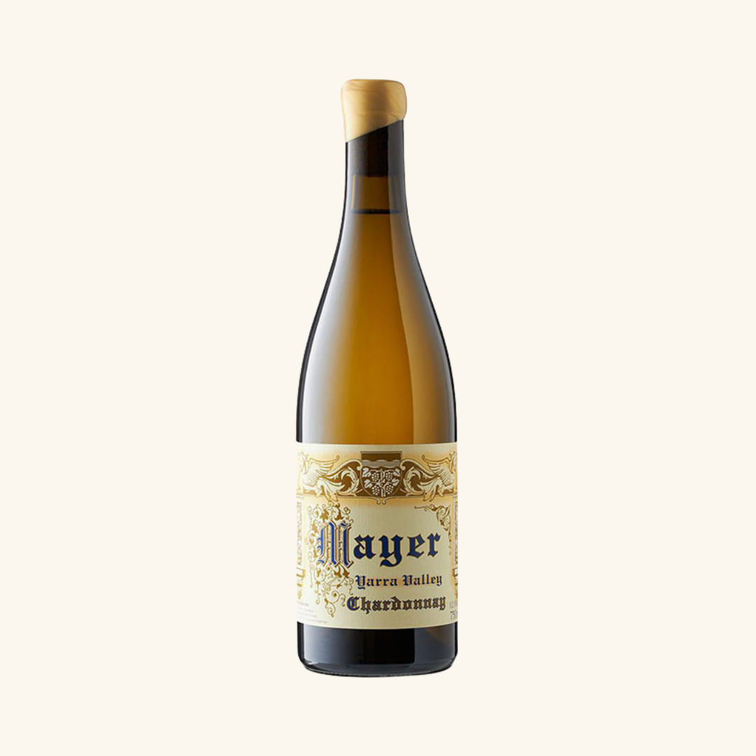 Bottle of Mayer Chardonnay with a white label, displaying the brand name and the variety of the wine.