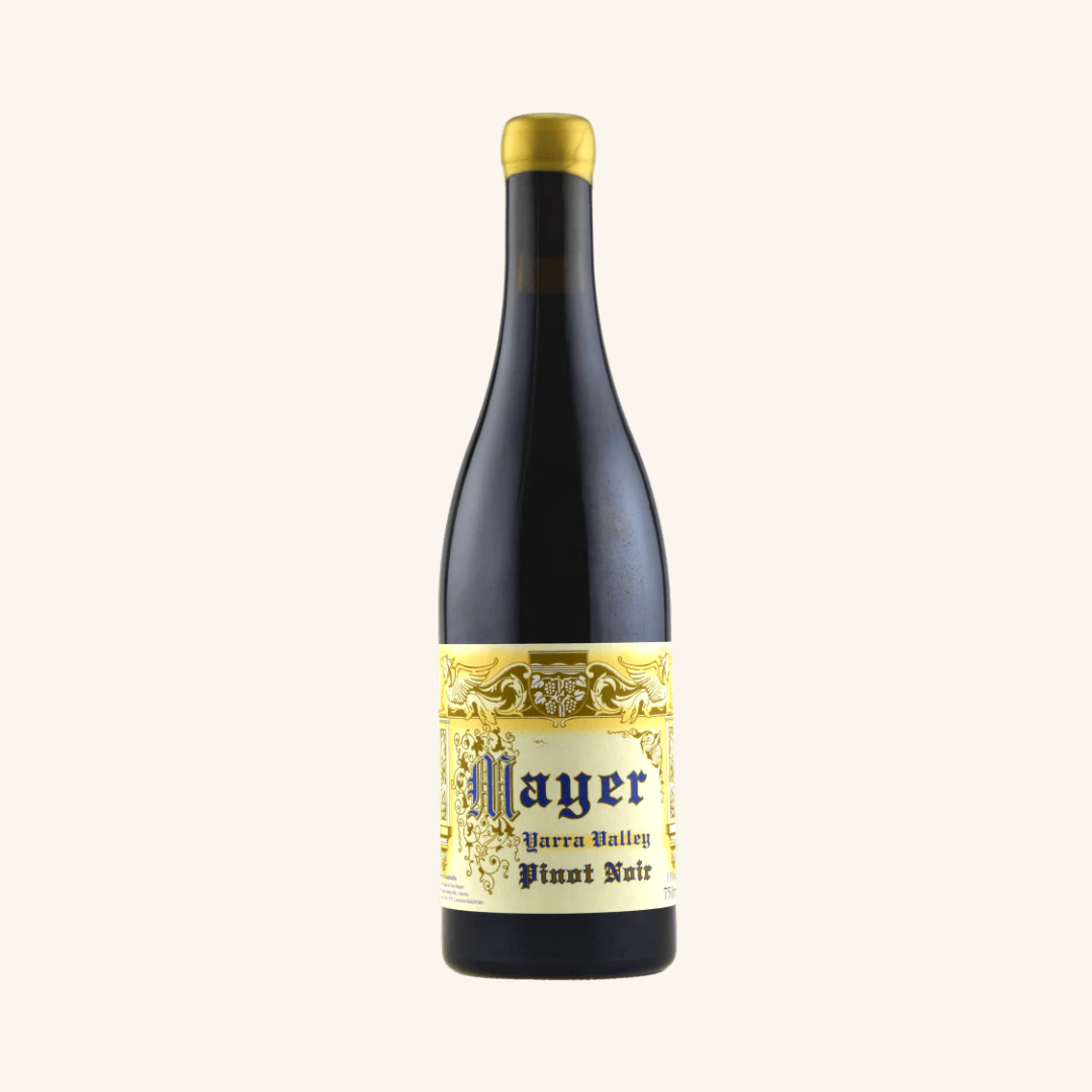 Bottle of Mayer Pinot Noir wine with a label indicating Yarra Valley, Victoria, Australia.