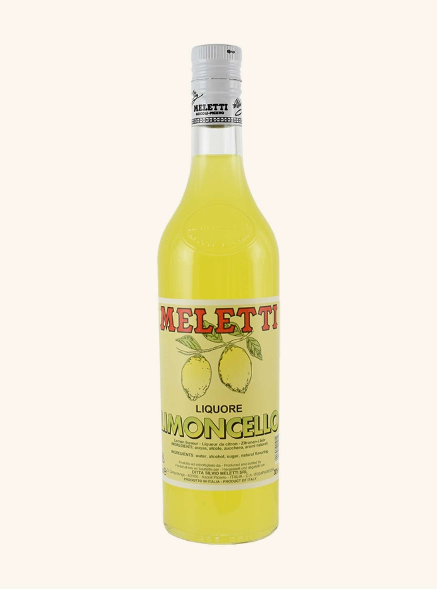 Bottle of Meletti Limoncello on a white background