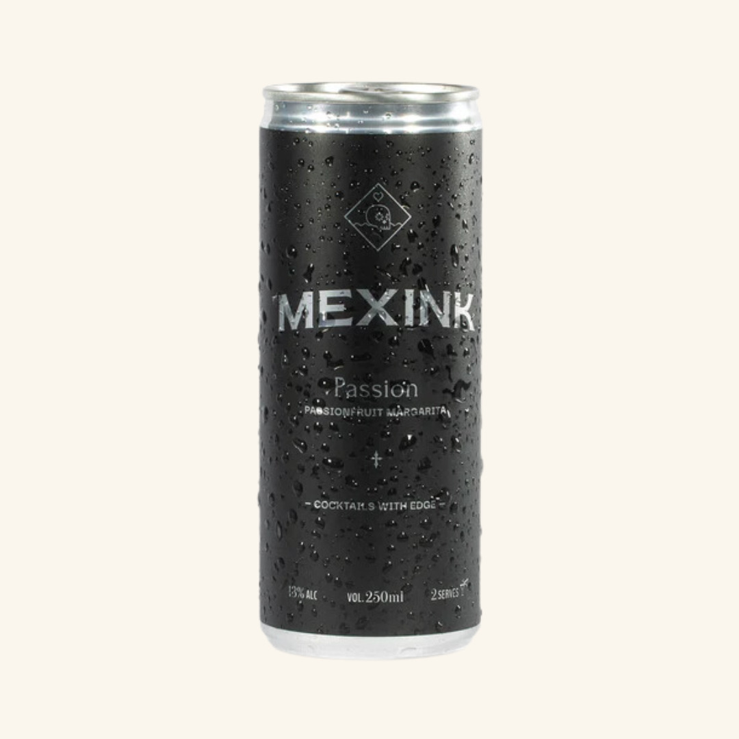 A can of Mexink Passion Passionfruit Margarita cocktail mix, with the brand name and flavor clearly visible.