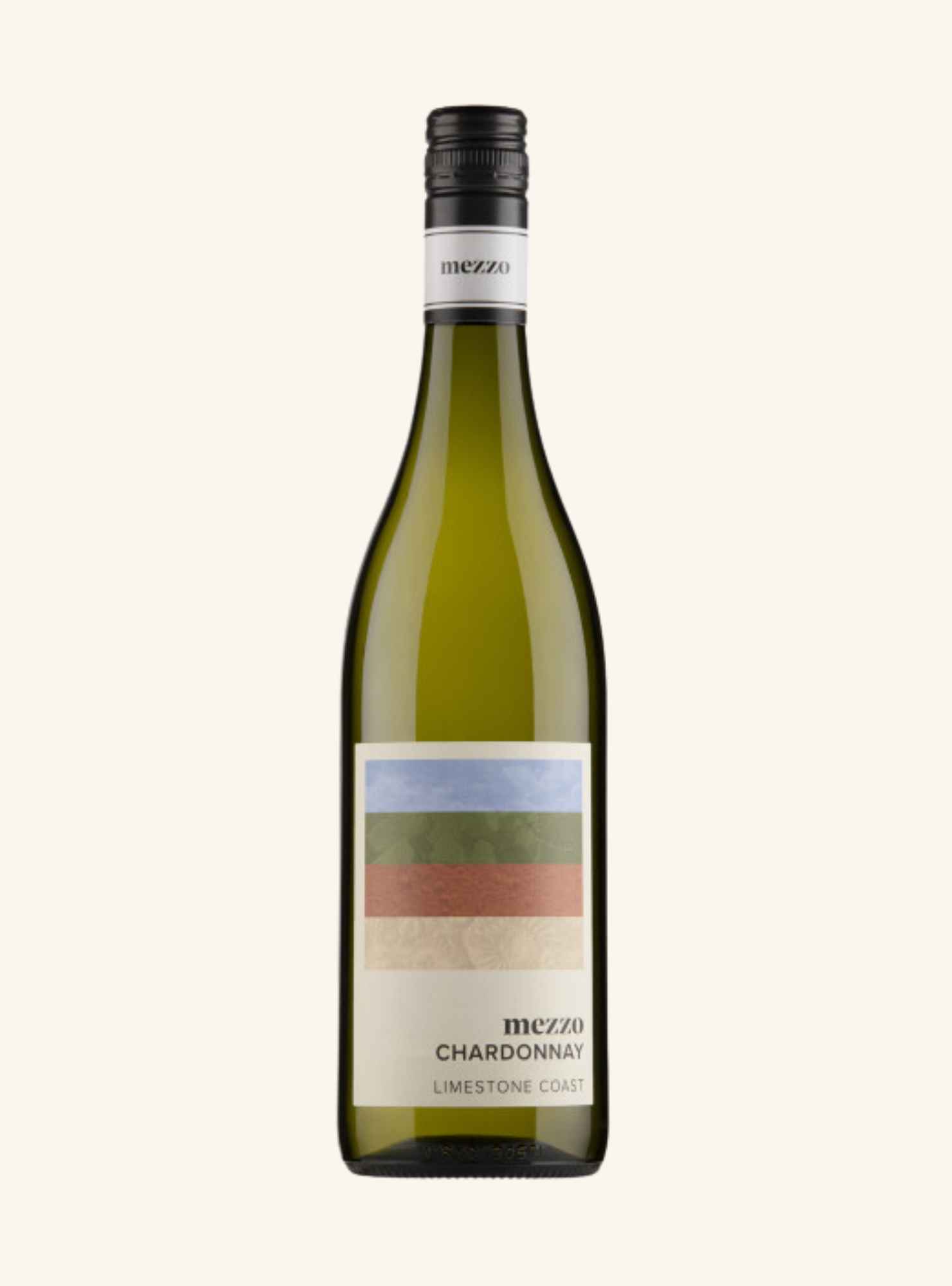 bottle of white wine branded mezzo chardonnay limestone coast, on a beige background.