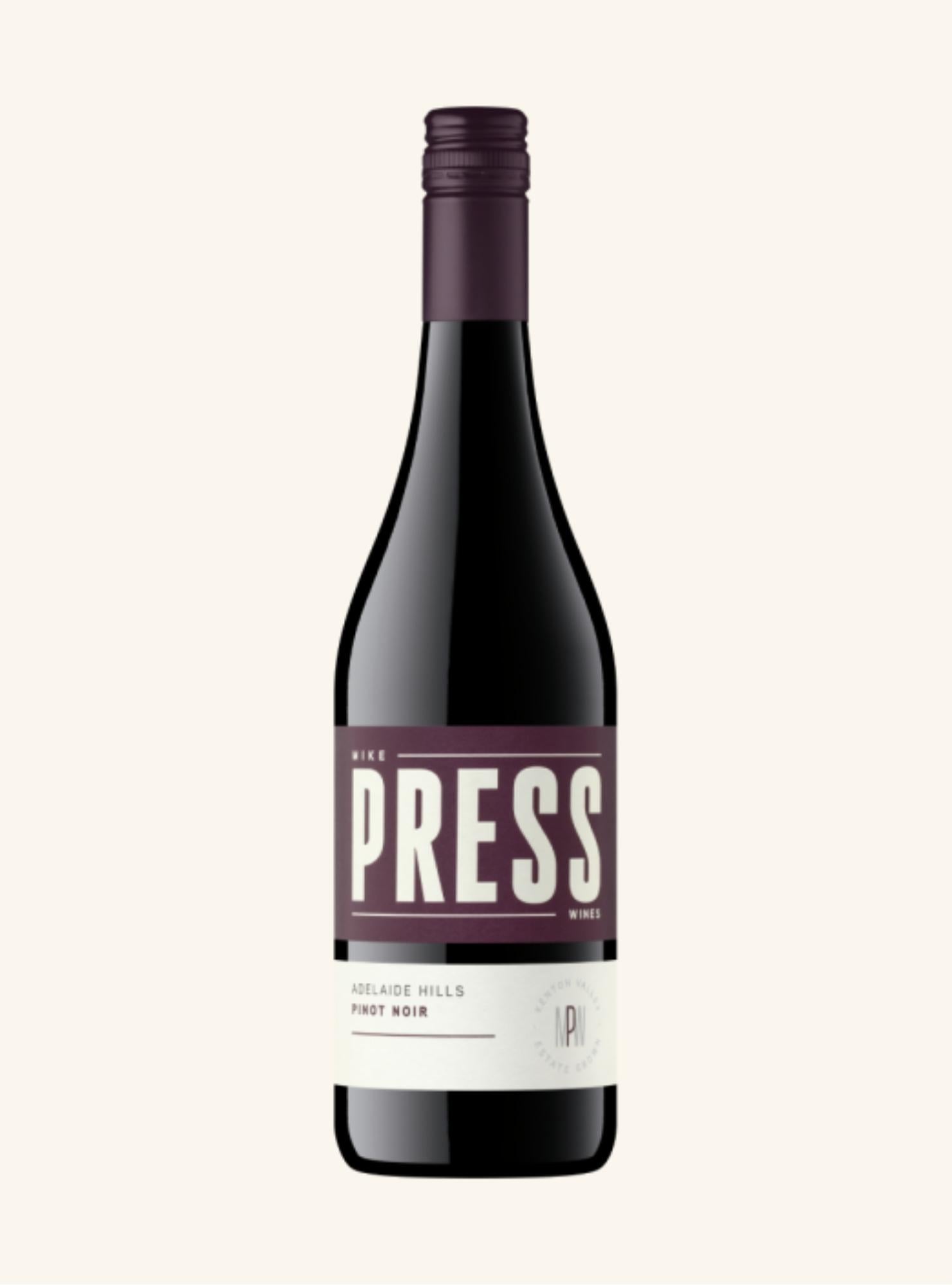bottle of mike press pinot noir on a white background.