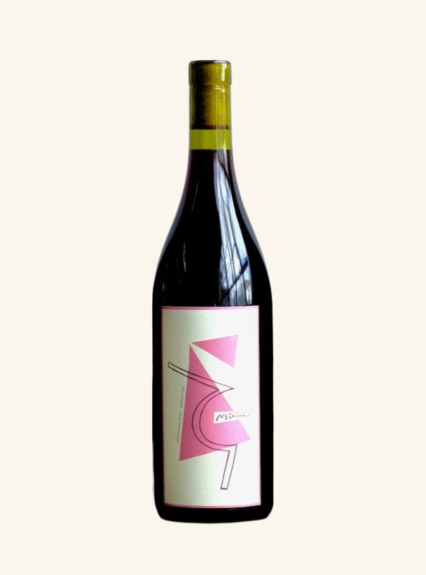 Bottle of red wine with a cork and a white label with pastel pink triangle shapes and the brand name.