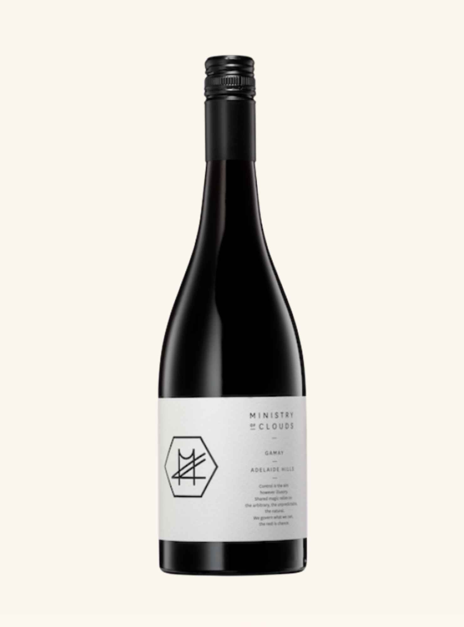 A bottle of wine with a black glass body, black screw cap, and a white label reading 'MINISTRY OF CLOUDS' and 'GAMAY ADELAIDE HILL', centered on a light cream background.