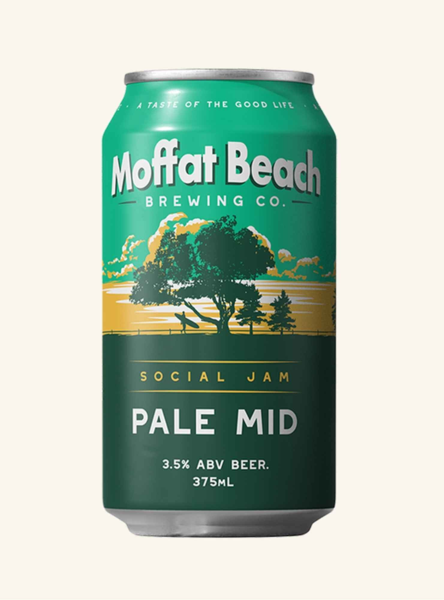 Moffat Beach Brewing Co. beer can with scenic design on a white background