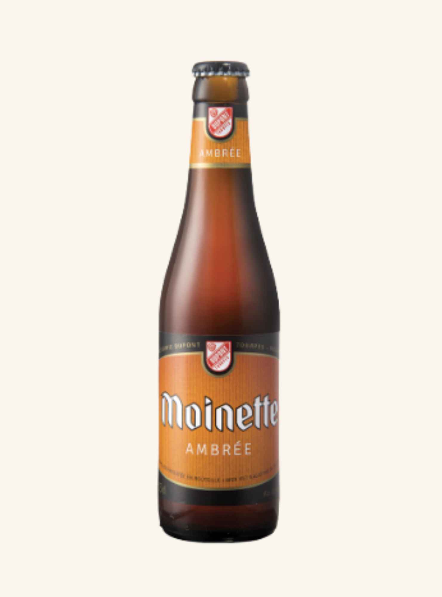 brown bottle of beer with a light brown label with branding 