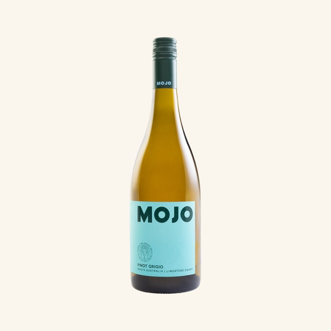 Bottle of Mojo pinot grigio wine on a white background