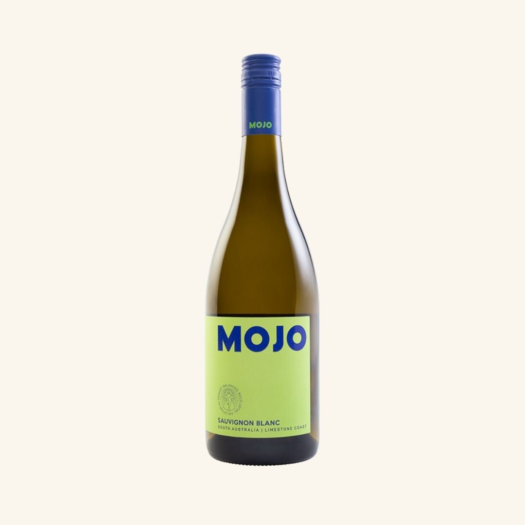 Bottle of Mojo Sauvignon Blanc wine on a white background