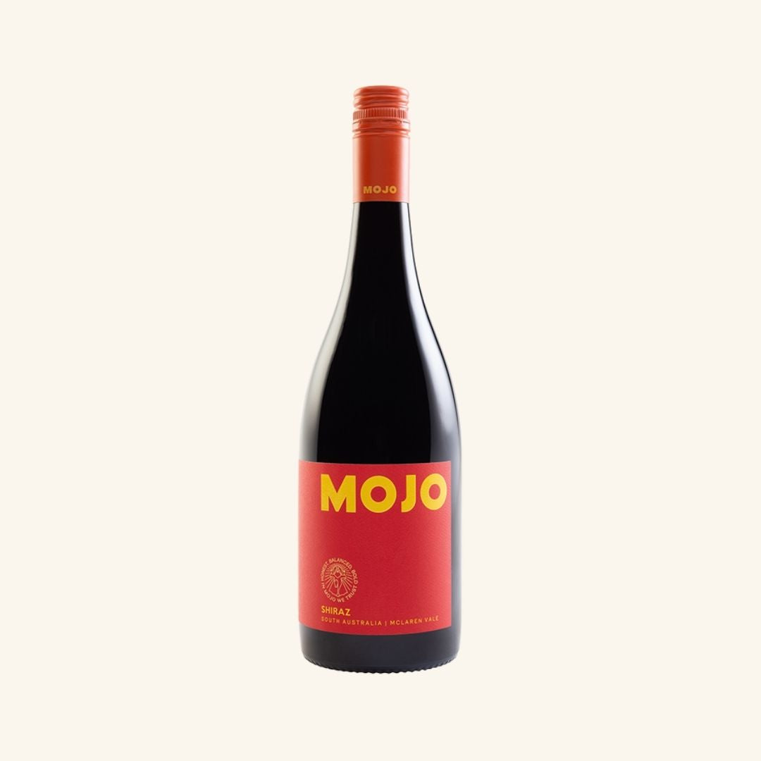 bottle of mojo Shiraz with red labels on a white background.