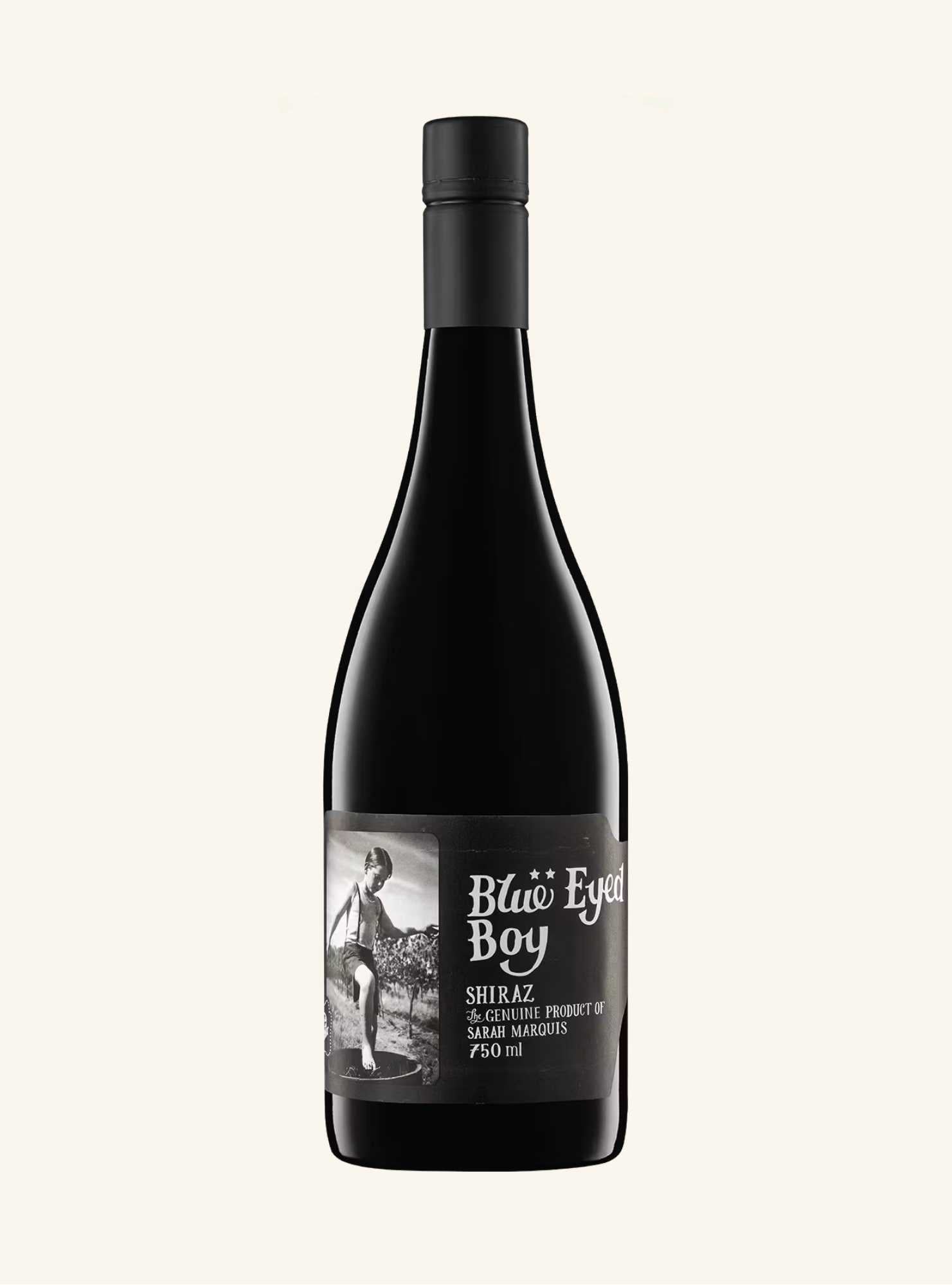 Wine bottle labeled 'Blue Eyed Boy shiraz' on a white background