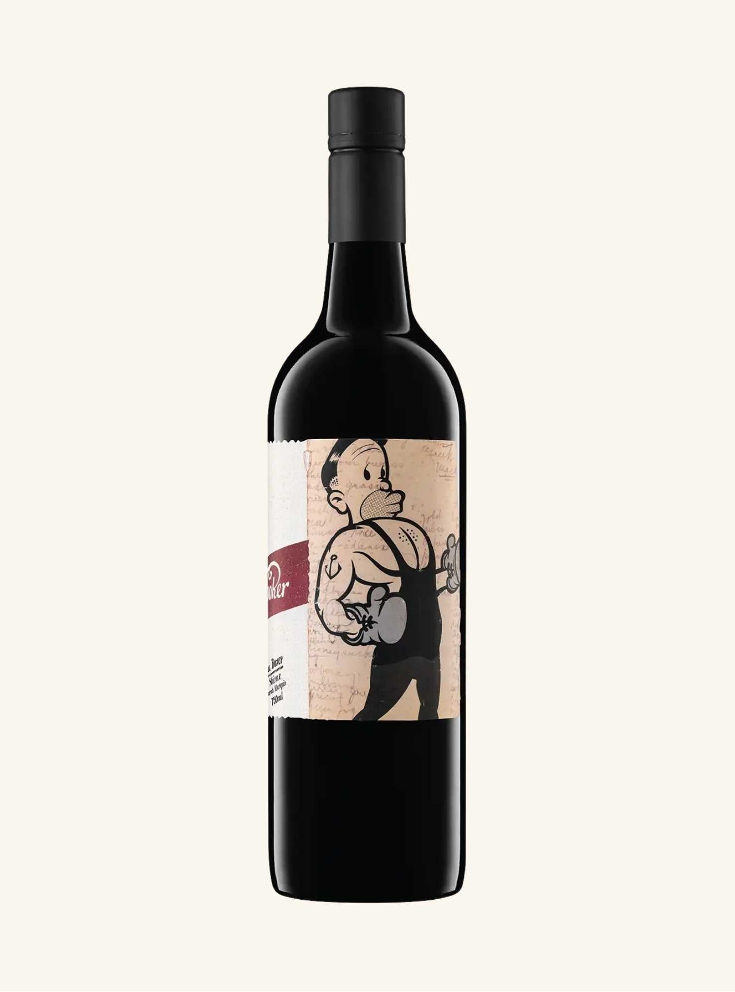 Wine bottle with a unique label featuring an illustration of a boxer on a white background.