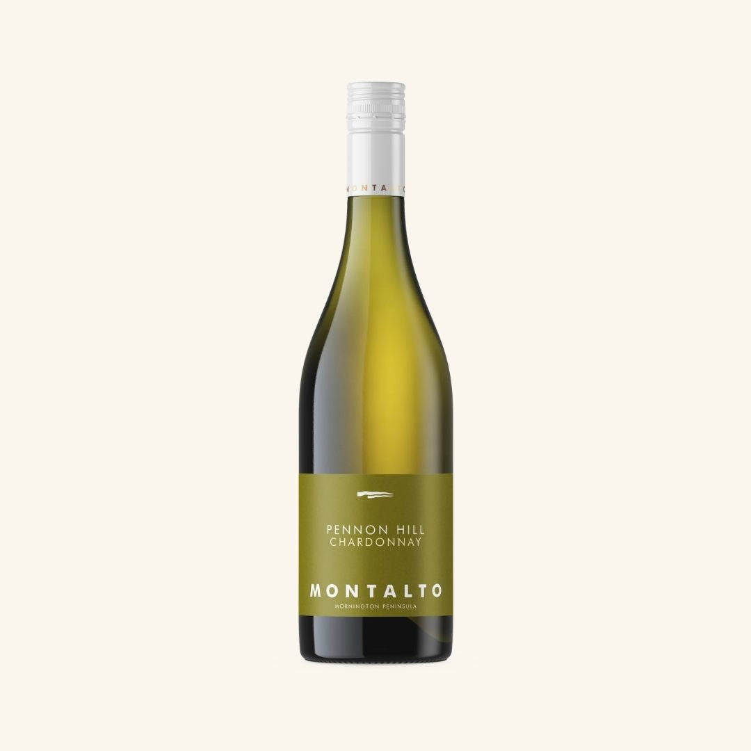 Wine bottle with Montalto pennon hill chardonnay label on a white background