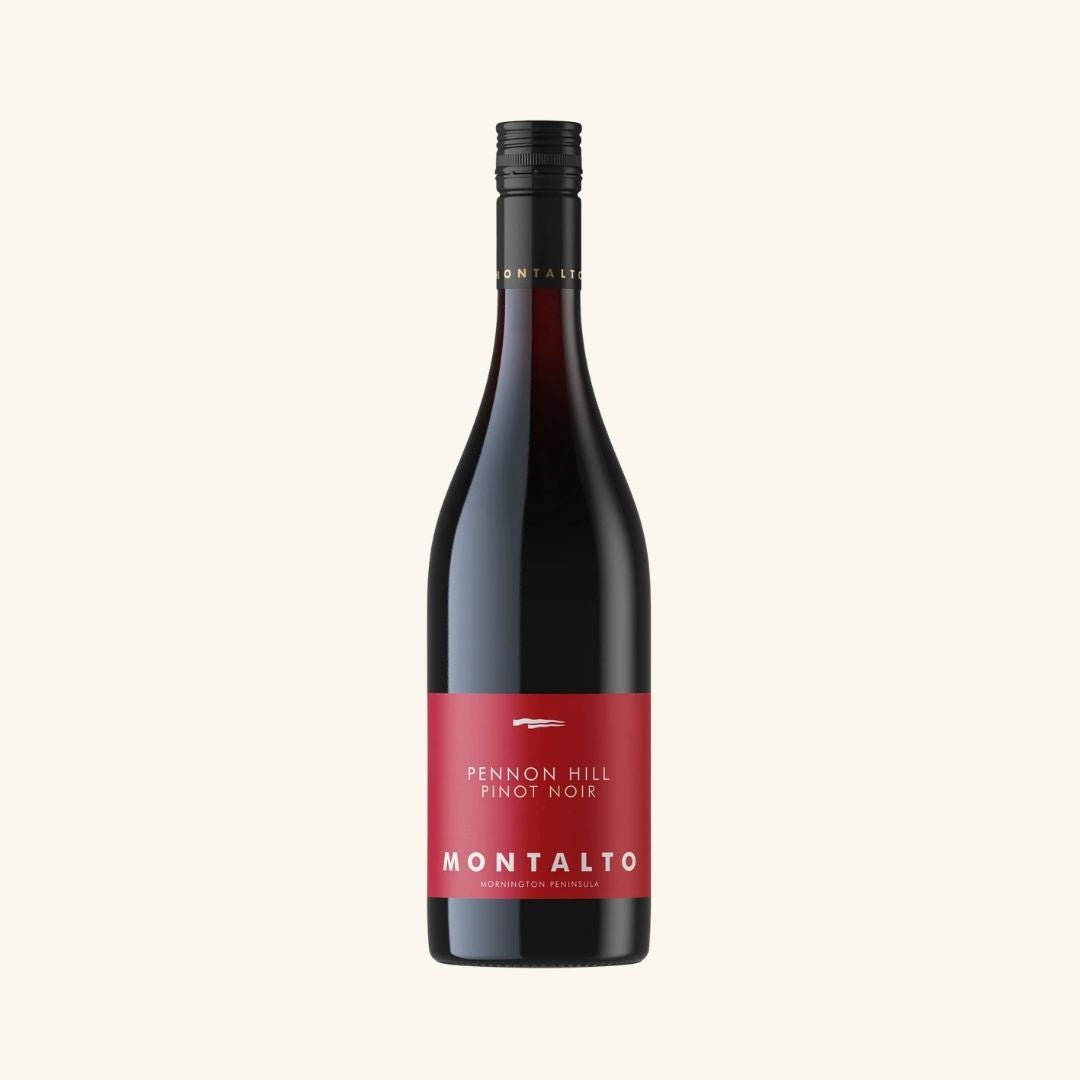 Wine bottle with red label brand pennon hill pinot noir montalto on a white background