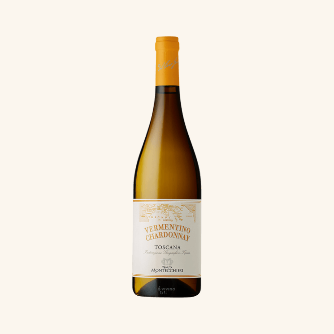 A bottle of Tenuta Montecchiesi Vermentino Chardonnay white wine with a label that includes the wine variety and the name of the producer.