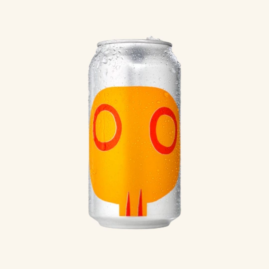 Silver can with a yellow and red design on a white background