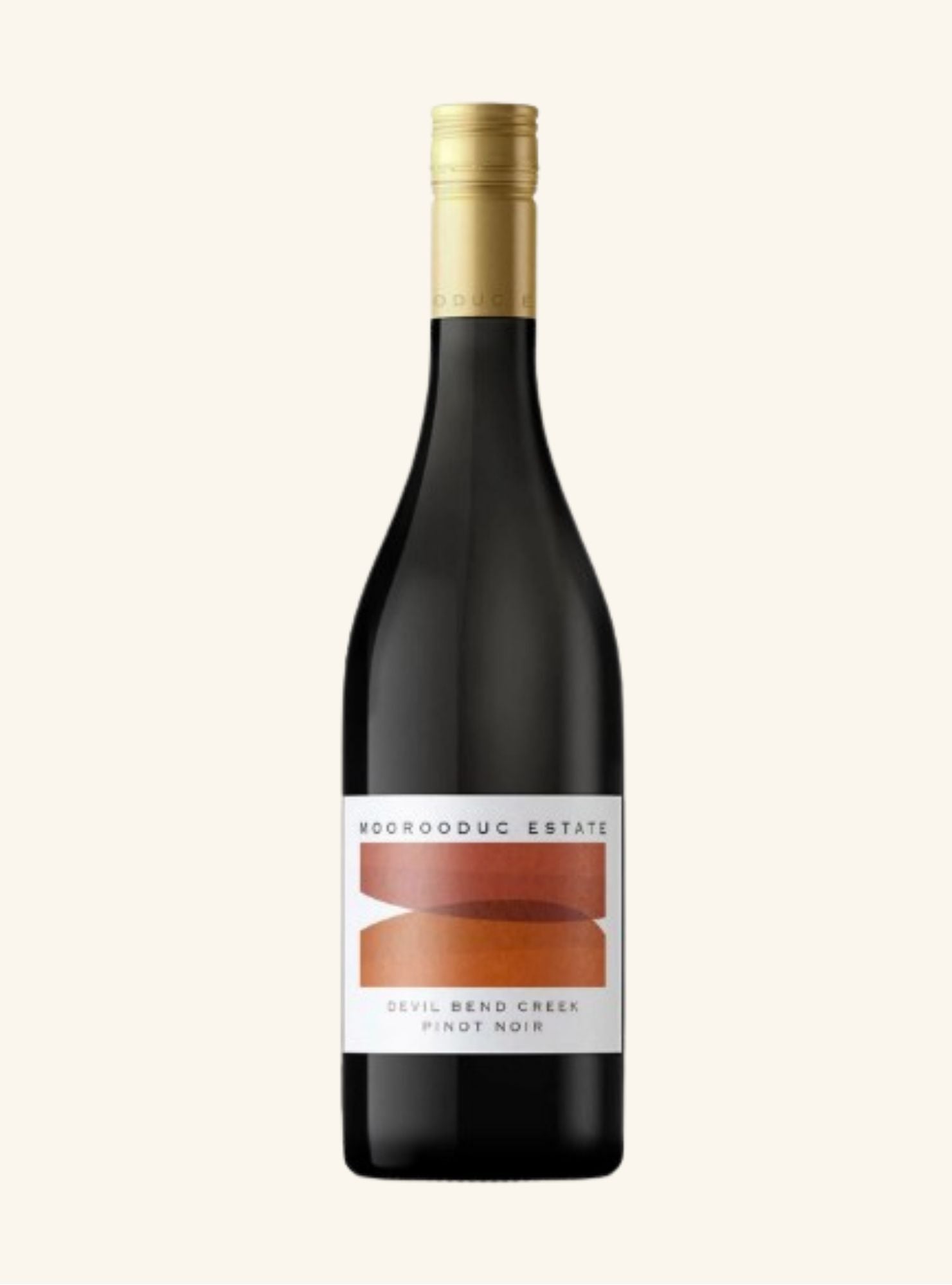 Wine bottle with a gold cap and label branded moorooduc estate devil bend creek pinot noir on a white background 