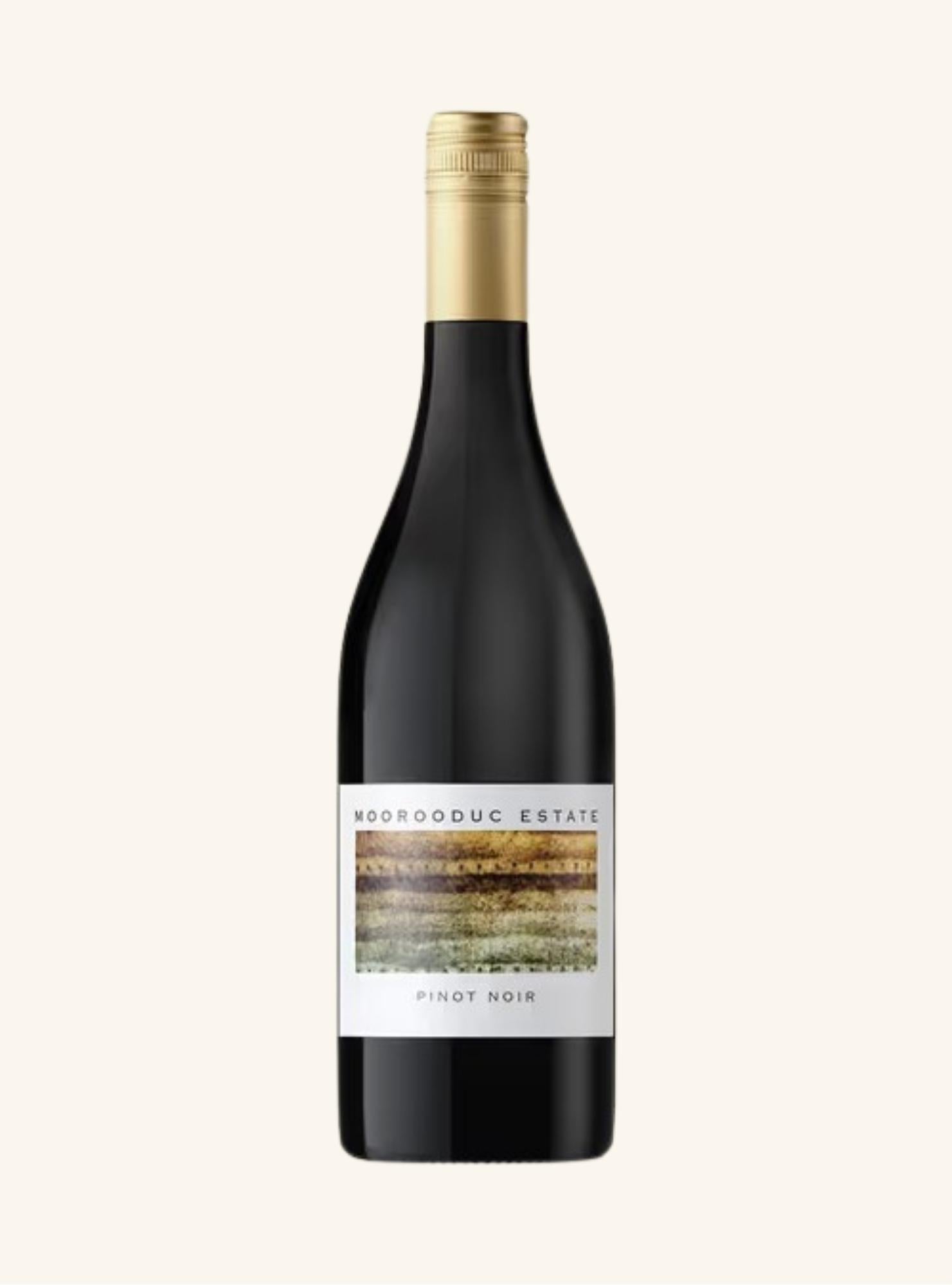 Wine bottle with a gold cap and label branded moorooduc estate pinot noir on a white background