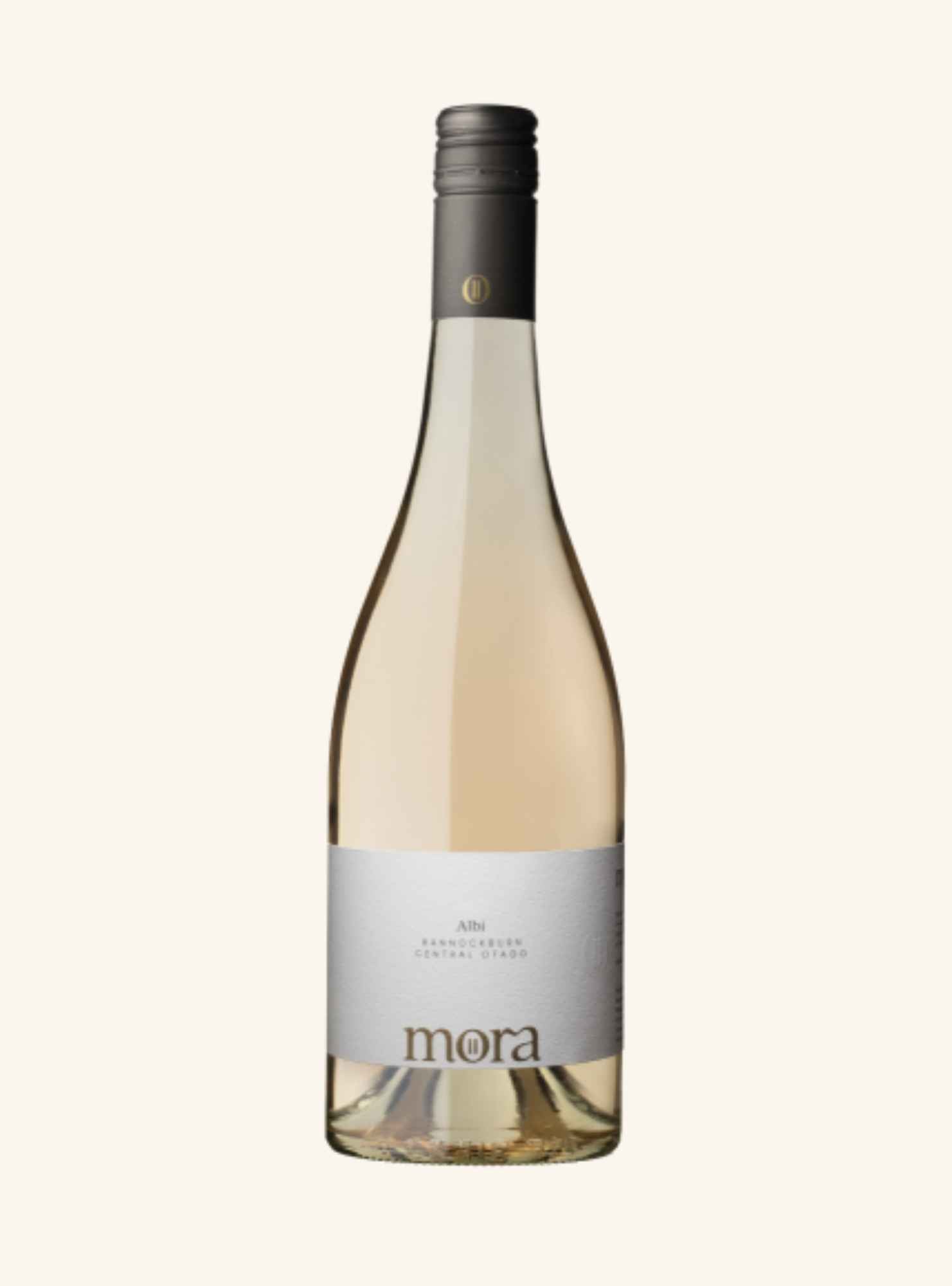 A bottle of Mora Albi Pinot Noir wine with a light gray label and a dark gray capsule, set against a solid off-white background.